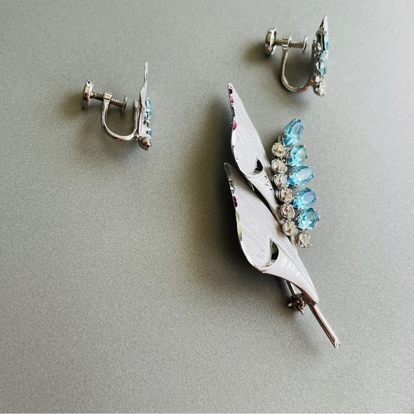 Vintage Tru-Kay Sterling 925 Blue White Rhinestone Crystal Brooch & Earr… - Picture 3 of 8